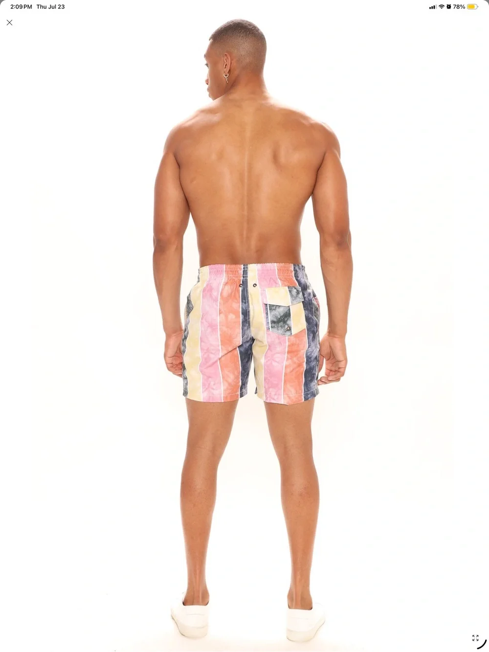 Fashion Nova Men's Striped Swim Trunks in Pink, Orange, Yellow & Blue